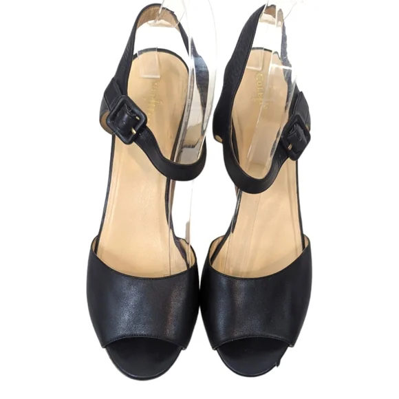 Cole Haan Gillian Mid Wedge Leather Sandals 10 Black Cork Platform Ankle Strap - Picture 3 of 14